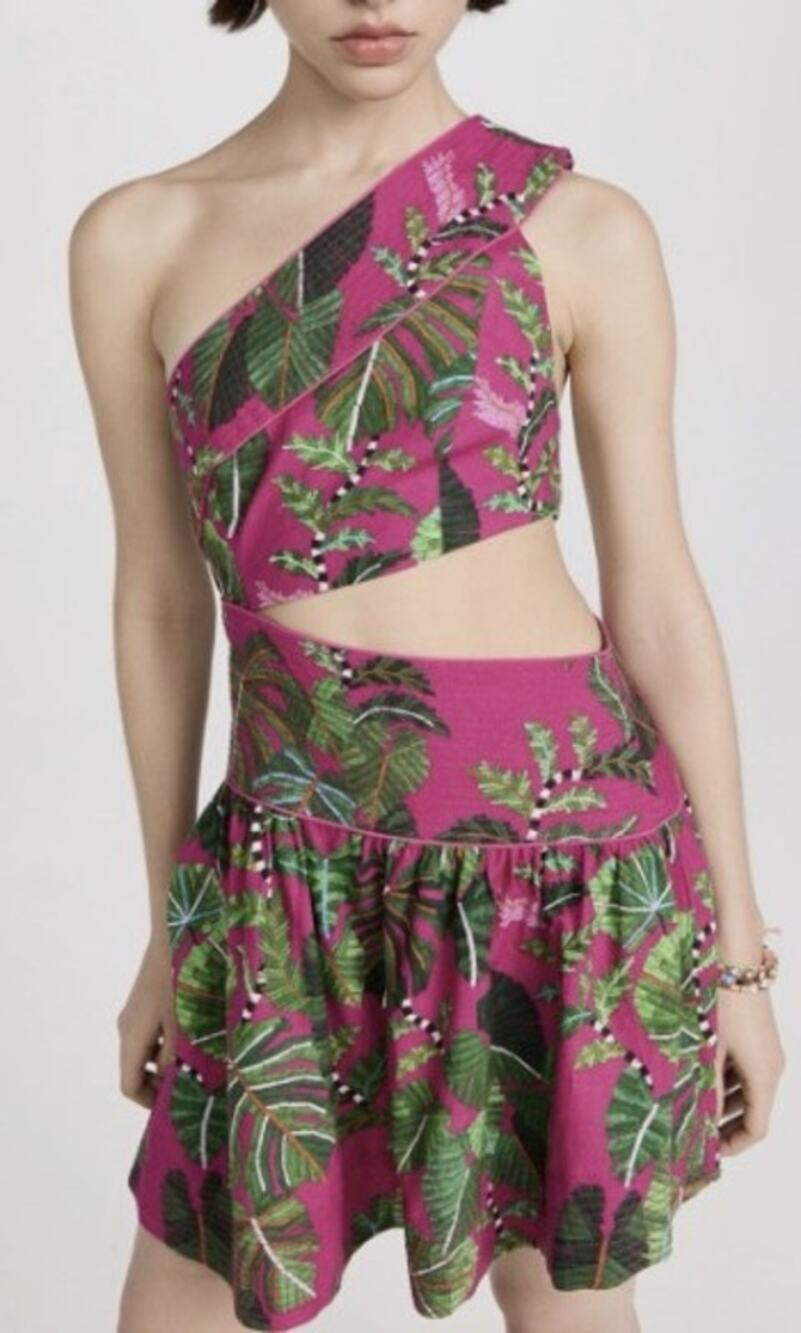 NWT FARM Rio Pink Leaves Tropical Mini Dress Large L Green Palm Cutout $210